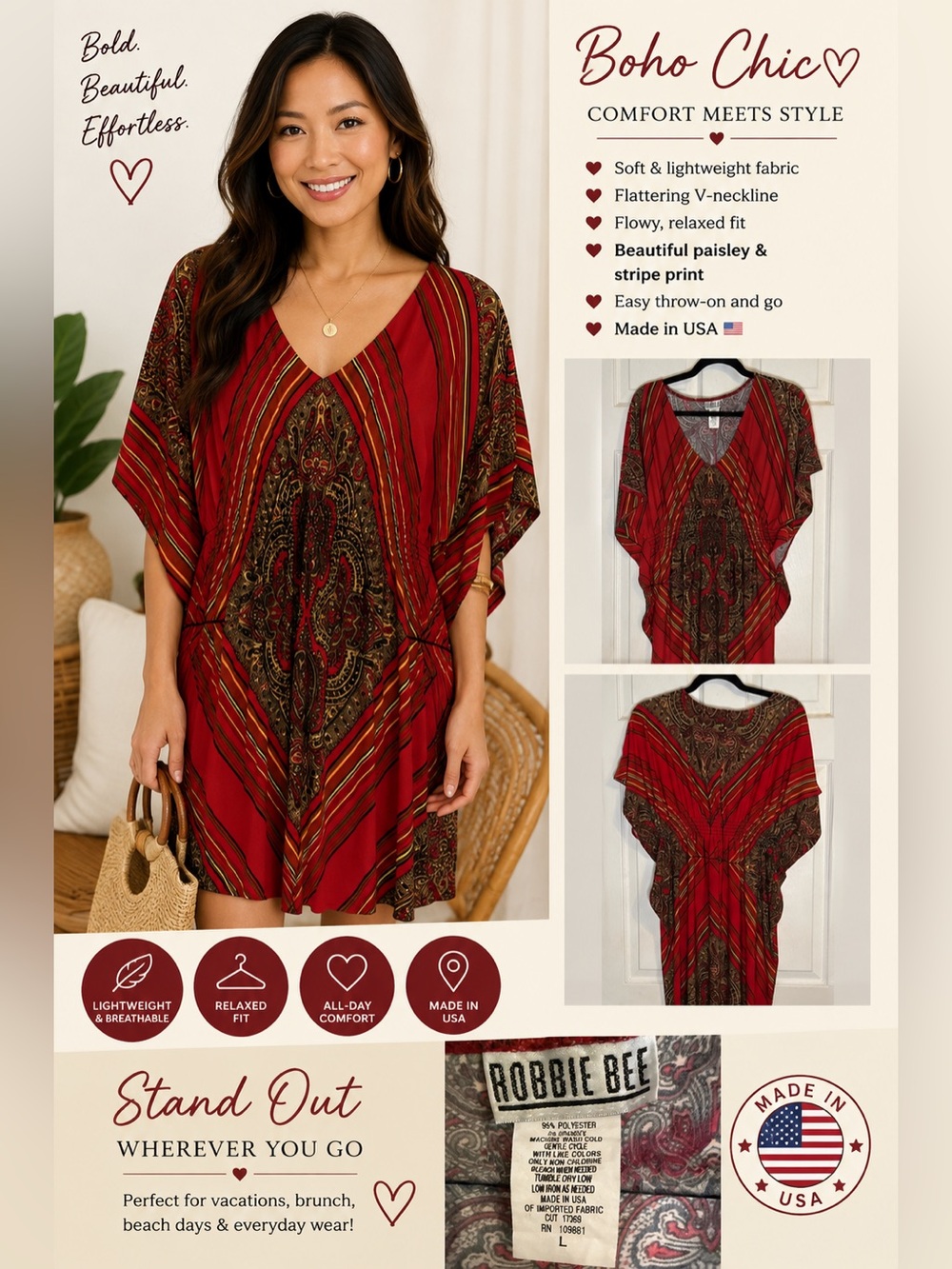 Robbie Bee Paisley Midi Dress Size L Red Brown